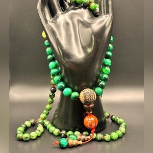RUBY in ZOISITE + TIGERS EYE  NATURAL STONES NECKLACE length 23”